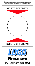Eftersynslabel (Lovpligtigt eftersyn) med navn, logo og tlf